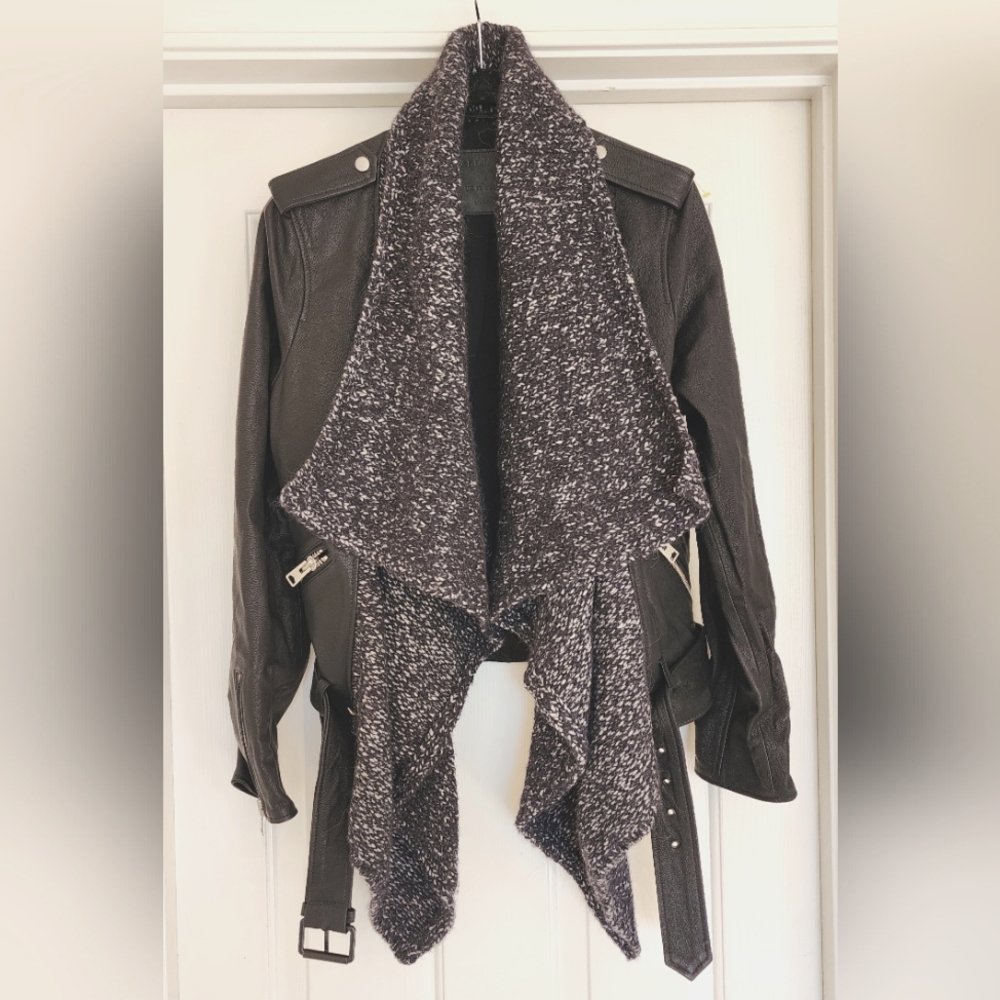 AllSaints Texture Wrap Leather and Wool Biker Jacket Size 8 - Picture 3 of 10